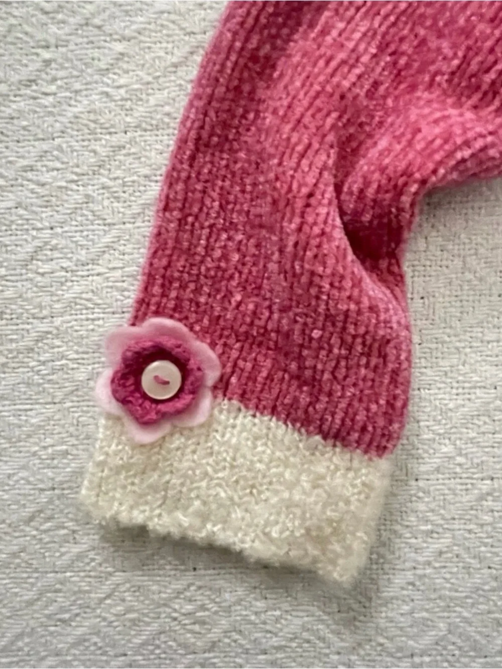 Hartstrings Baby Vintage Pink Chenille Sweater Poodle Appliqué Floral Accents